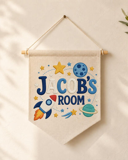 Personalized Space Room Wall Hanging, Custom Name Embroidered Rocket Banner, Outer Space Kids Room Decor, Boys Bedroom Gift