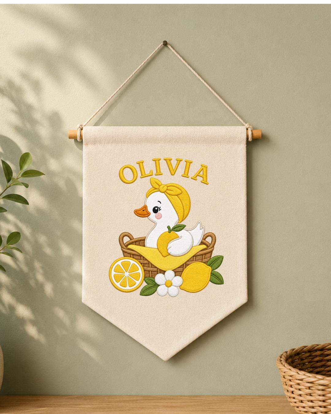 Personalized Lemon Duck Nursery Wall Hanging, Custom Name Embroidered Banner, Baby Girl Room Decor, Cute Summer Nursery Gift