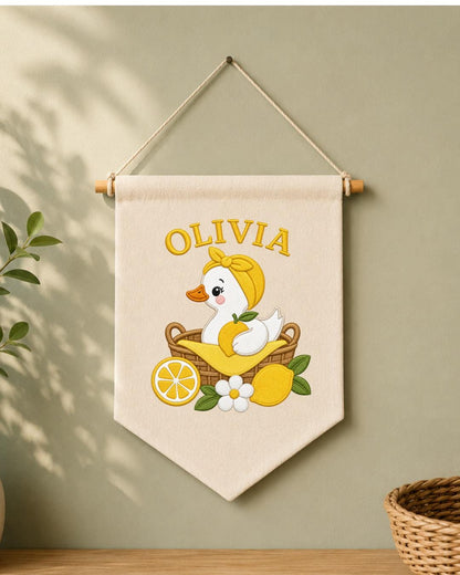Personalized Lemon Duck Nursery Wall Hanging, Custom Name Embroidered Banner, Baby Girl Room Decor, Cute Summer Nursery Gift