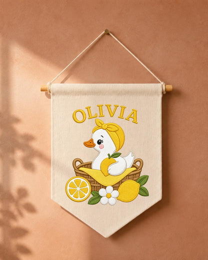 Personalized Lemon Duck Nursery Wall Hanging, Custom Name Embroidered Banner, Baby Girl Room Decor, Cute Summer Nursery Gift