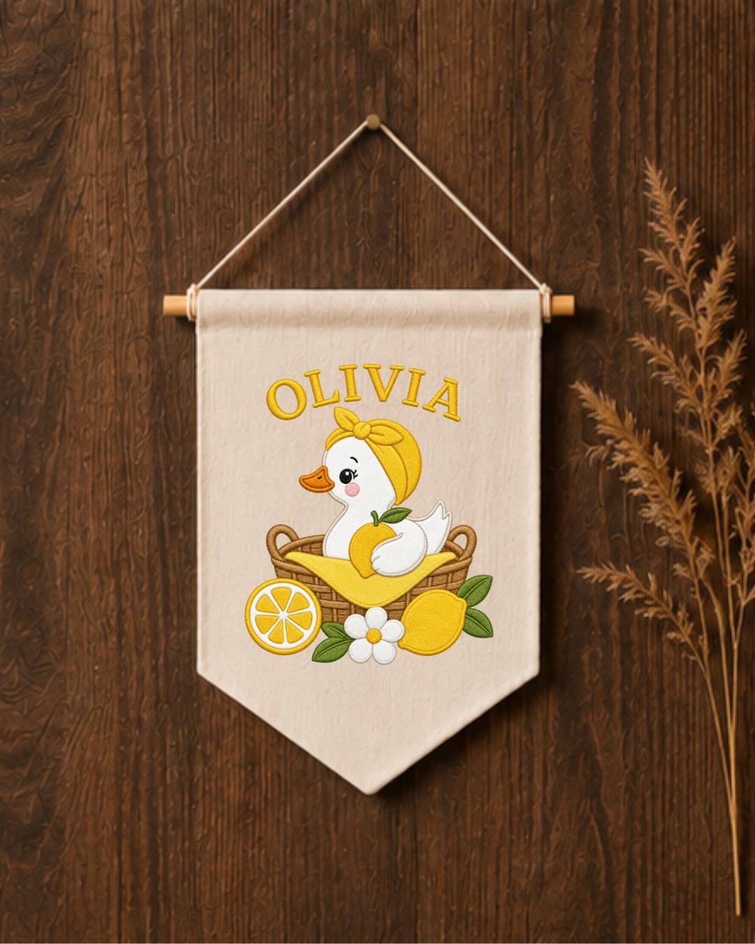 Personalized Lemon Duck Nursery Wall Hanging, Custom Name Embroidered Banner, Baby Girl Room Decor, Cute Summer Nursery Gift