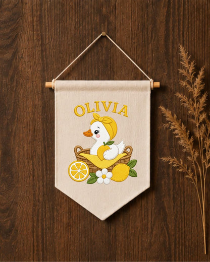 Personalized Lemon Duck Nursery Wall Hanging, Custom Name Embroidered Banner, Baby Girl Room Decor, Cute Summer Nursery Gift
