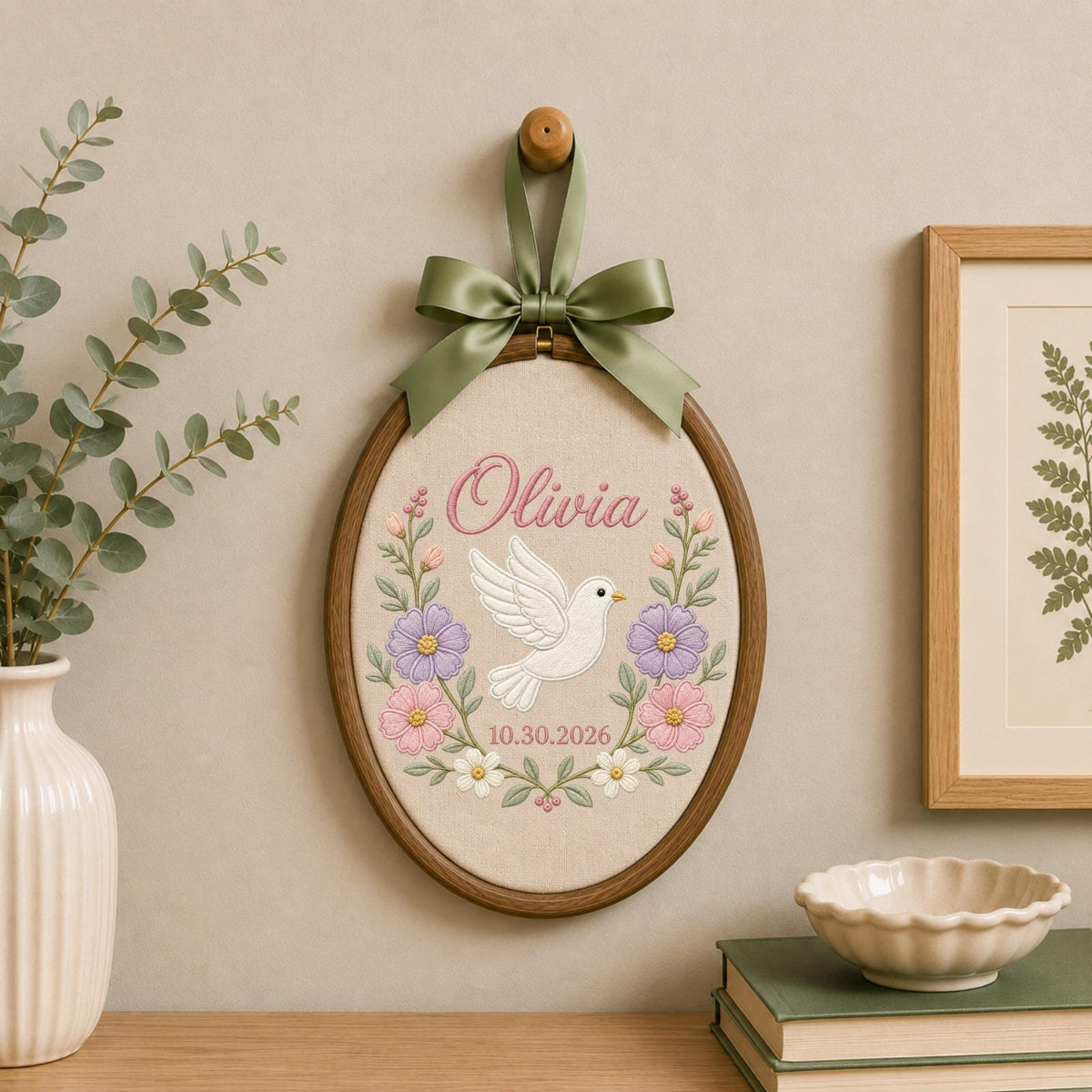 Personalized Embroidered Ornament, Dove Name and Birth Date Hoop, Floral Baby Girl Nursery Decor, Newborn Gift, Baby Shower Keepsake