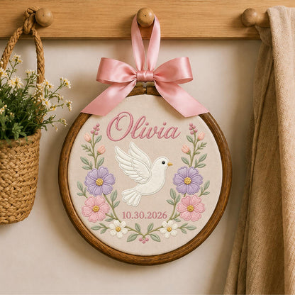 Personalized Embroidered Ornament, Dove Name and Birth Date Hoop, Floral Baby Girl Nursery Decor, Newborn Gift, Baby Shower Keepsake