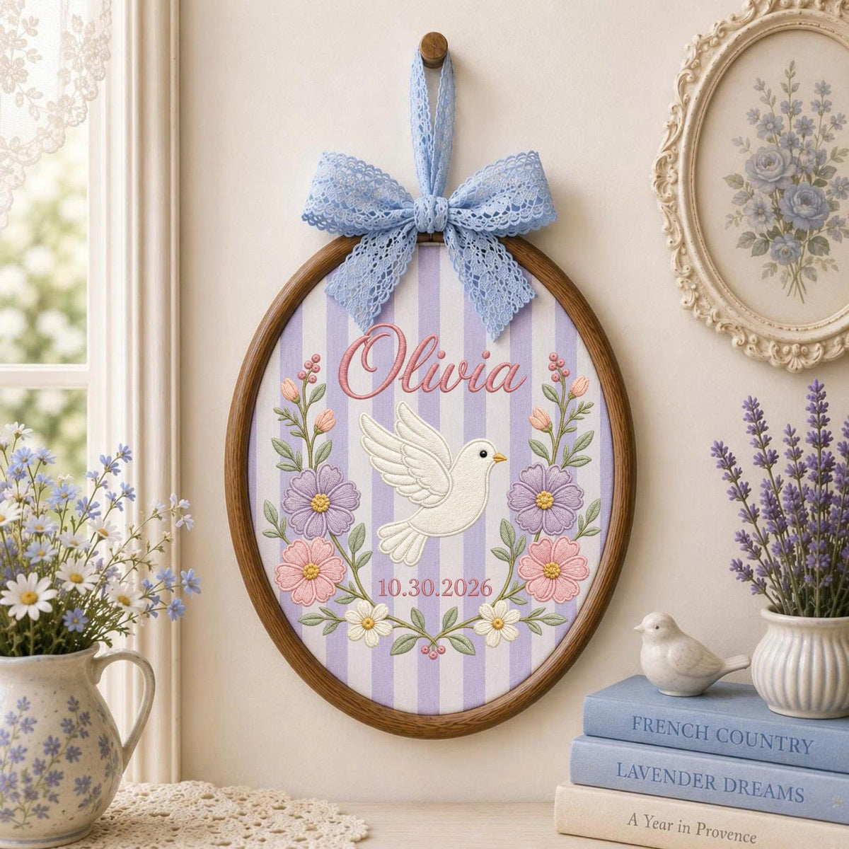 Personalized Embroidered Ornament, Dove Name and Birth Date Hoop, Floral Baby Girl Nursery Decor, Newborn Gift, Baby Shower Keepsake