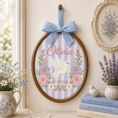 Personalized Embroidered Ornament, Dove Name and Birth Date Hoop, Floral Baby Girl Nursery Decor, Newborn Gift, Baby Shower Keepsake