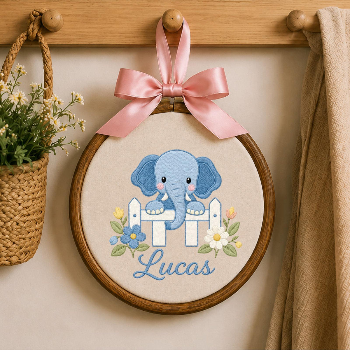 Personalized Embroidered Ornament, Elephant Name Hoop, Baby Boy Nursery Decor, Floral Newborn Gift, Baby Shower Keepsake
