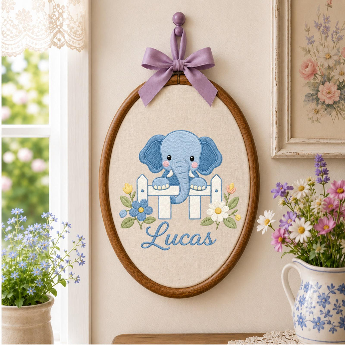 Personalized Embroidered Ornament, Elephant Name Hoop, Baby Boy Nursery Decor, Floral Newborn Gift, Baby Shower Keepsake
