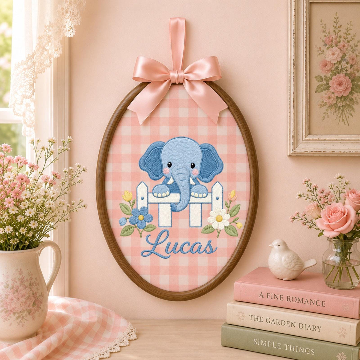 Personalized Embroidered Ornament, Elephant Name Hoop, Baby Boy Nursery Decor, Floral Newborn Gift, Baby Shower Keepsake