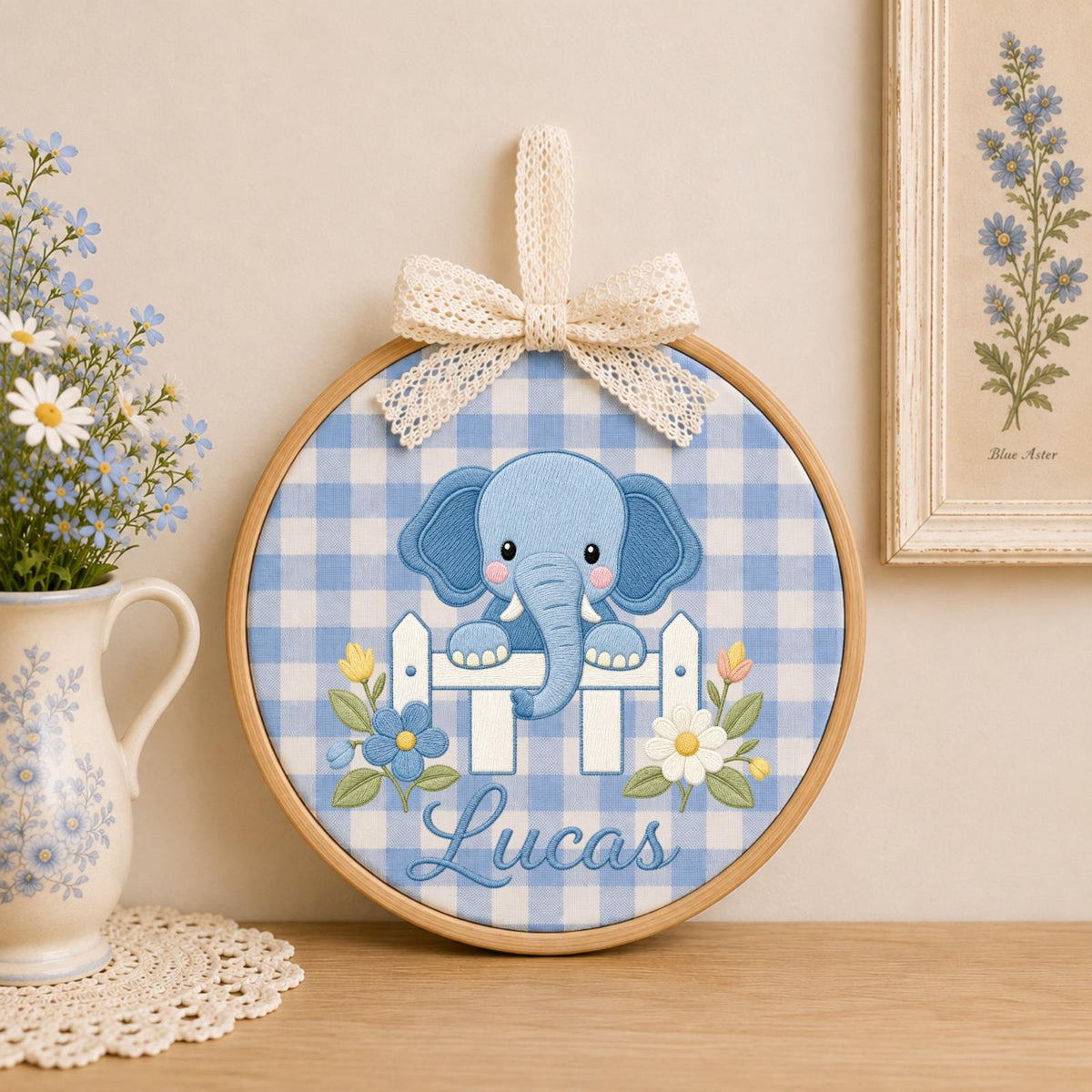 Personalized Embroidered Ornament, Elephant Name Hoop, Baby Boy Nursery Decor, Floral Newborn Gift, Baby Shower Keepsake