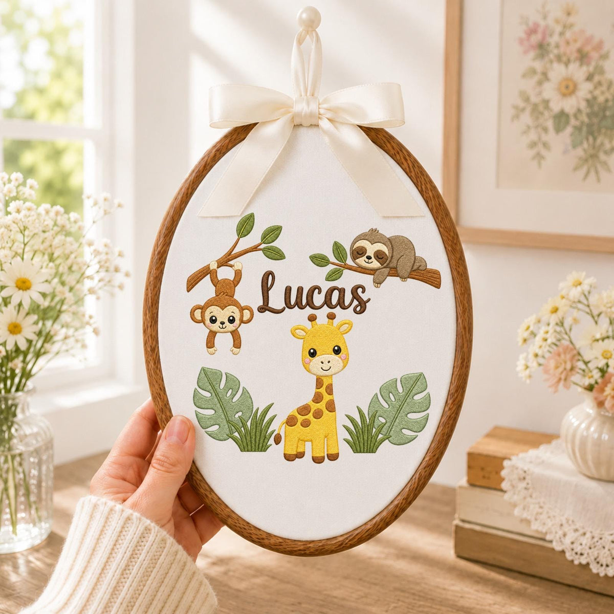 Personalized Embroidered Ornament, Safari Animal Name Hoop, Jungle Baby Boy Nursery Decor, Giraffe Monkey Sloth Baby Shower Gift