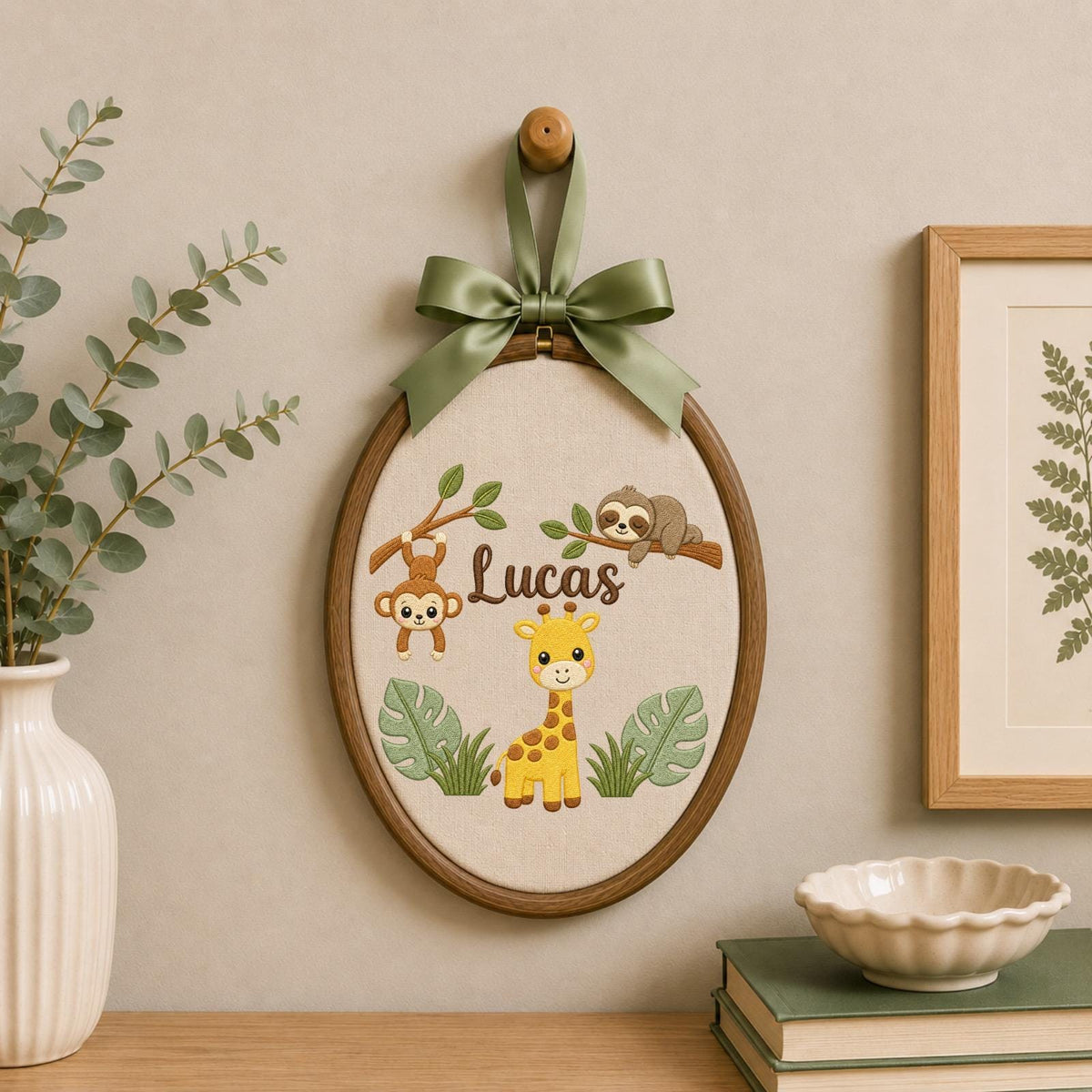 Personalized Embroidered Ornament, Safari Animal Name Hoop, Jungle Baby Boy Nursery Decor, Giraffe Monkey Sloth Baby Shower Gift
