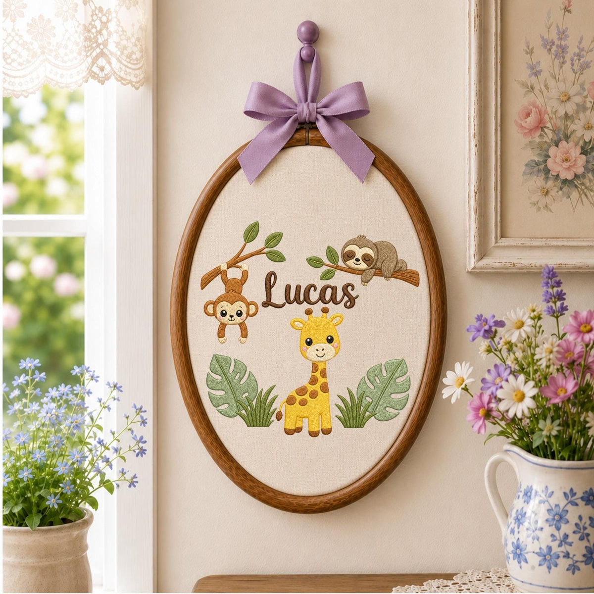 Personalized Embroidered Ornament, Safari Animal Name Hoop, Jungle Baby Boy Nursery Decor, Giraffe Monkey Sloth Baby Shower Gift