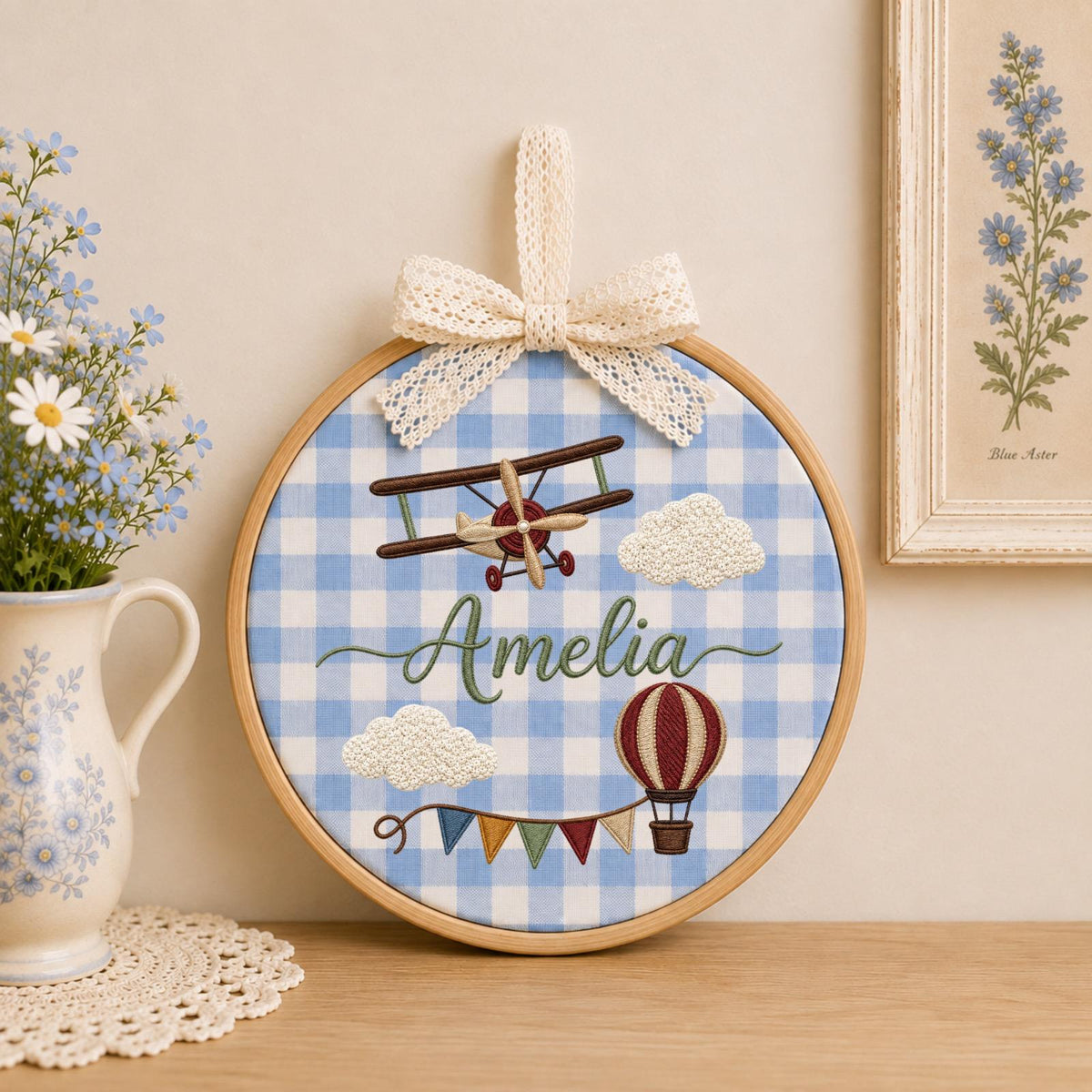 Personalized Embroidered Ornament, Airplane Name Hoop, Hot Air Balloon Nursery Decor, Baby Boy Adventure Gift, Newborn Keepsake