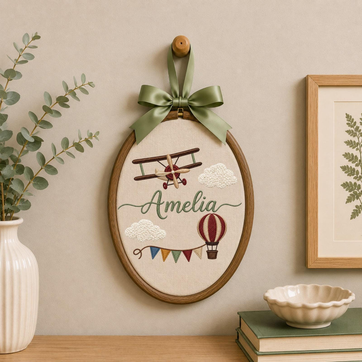 Personalized Embroidered Ornament, Airplane Name Hoop, Hot Air Balloon Nursery Decor, Baby Boy Adventure Gift, Newborn Keepsake