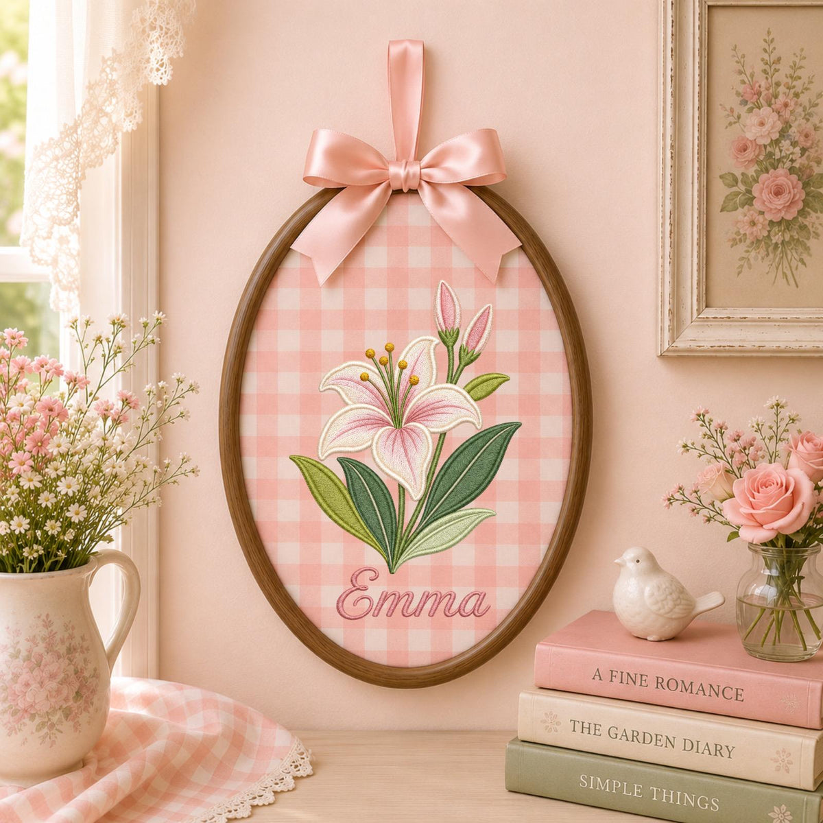 Personalized Embroidered Ornament, Lily Flower Name Hoop, Floral Baby Girl Nursery Decor, Custom Newborn Gift, Baby Shower Keepsake