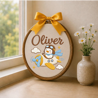 Personalized Embroidered Ornament, Airplane Duck Name Hoop, Baby Boy Nursery Decor, Aviator Goose Gift, Newborn Keepsake