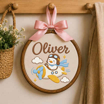Personalized Embroidered Ornament, Airplane Duck Name Hoop, Baby Boy Nursery Decor, Aviator Goose Gift, Newborn Keepsake