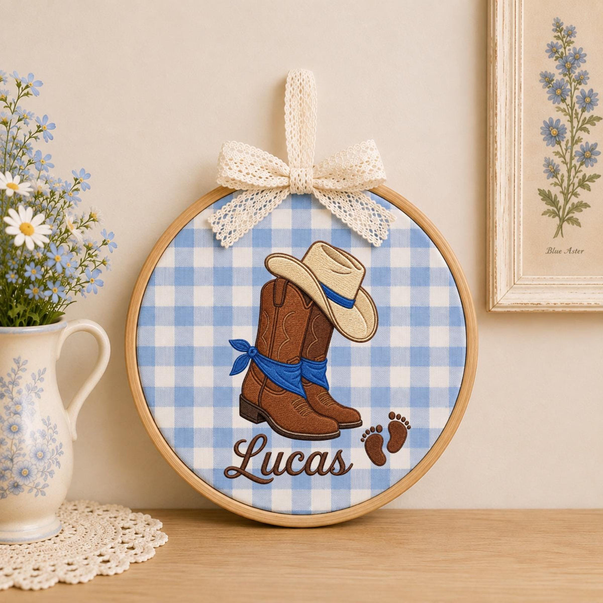 Personalized Embroidered Ornament, Cowboy Baby Name Hoop, Western Nursery Decor, Baby Boy Shower Gift, Rustic Newborn Keeếpak