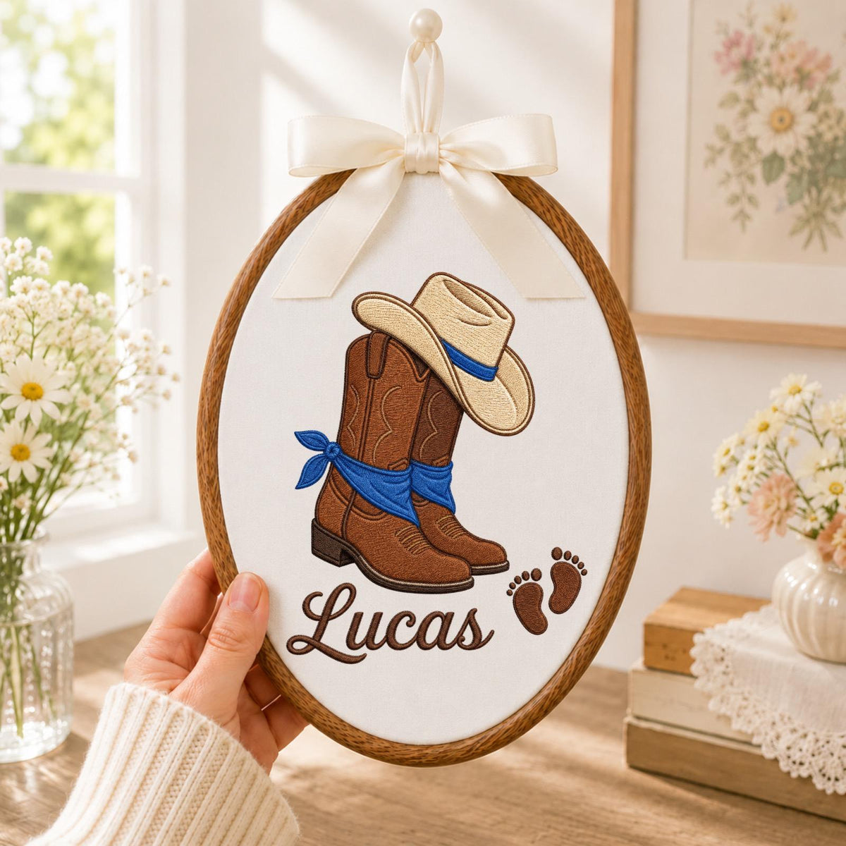 Personalized Embroidered Ornament, Cowboy Baby Name Hoop, Western Nursery Decor, Baby Boy Shower Gift, Rustic Newborn Keeếpak