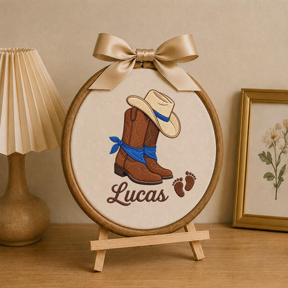 Personalized Embroidered Ornament, Cowboy Baby Name Hoop, Western Nursery Decor, Baby Boy Shower Gift, Rustic Newborn Keeếpak