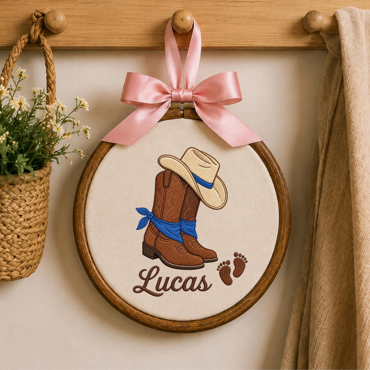 Personalized Embroidered Ornament, Cowboy Baby Name Hoop, Western Nursery Decor, Baby Boy Shower Gift, Rustic Newborn Keeếpak