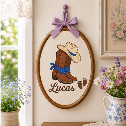 Personalized Embroidered Ornament, Cowboy Baby Name Hoop, Western Nursery Decor, Baby Boy Shower Gift, Rustic Newborn Keeếpak