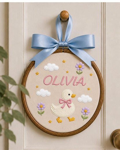 Personalized Embroidered Duck Ornament, Custom Baby Name Hoop, Floral Duck Nursery Decor, Baby Girl Gift, Newborn Keepsake
