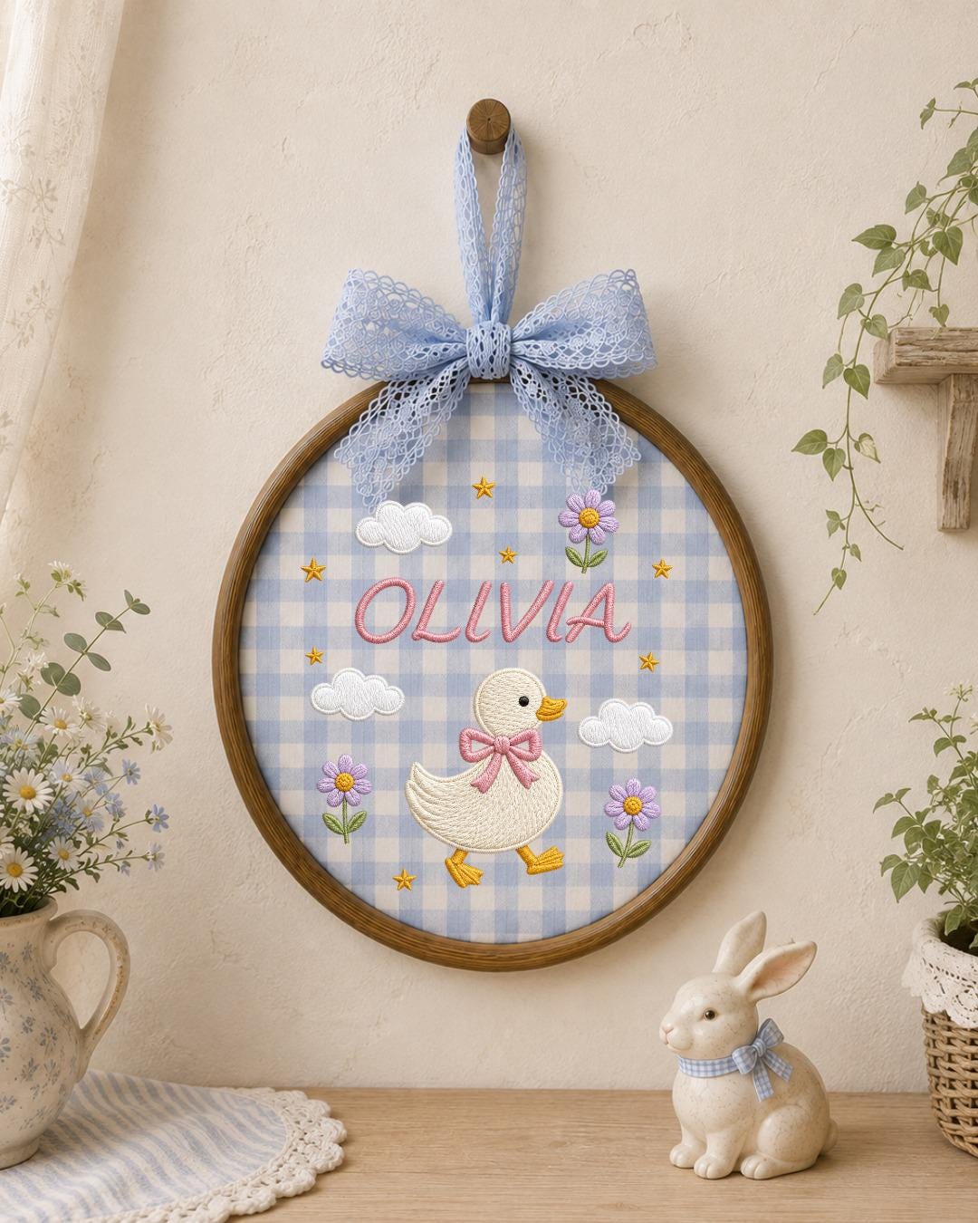 Personalized Embroidered Duck Ornament, Custom Baby Name Hoop, Floral Duck Nursery Decor, Baby Girl Gift, Newborn Keepsake