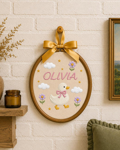 Personalized Embroidered Duck Ornament, Custom Baby Name Hoop, Floral Duck Nursery Decor, Baby Girl Gift, Newborn Keepsake