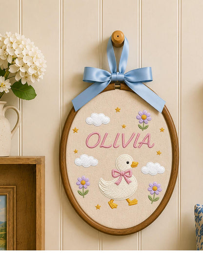 Personalized Embroidered Duck Ornament, Custom Baby Name Hoop, Floral Duck Nursery Decor, Baby Girl Gift, Newborn Keepsake