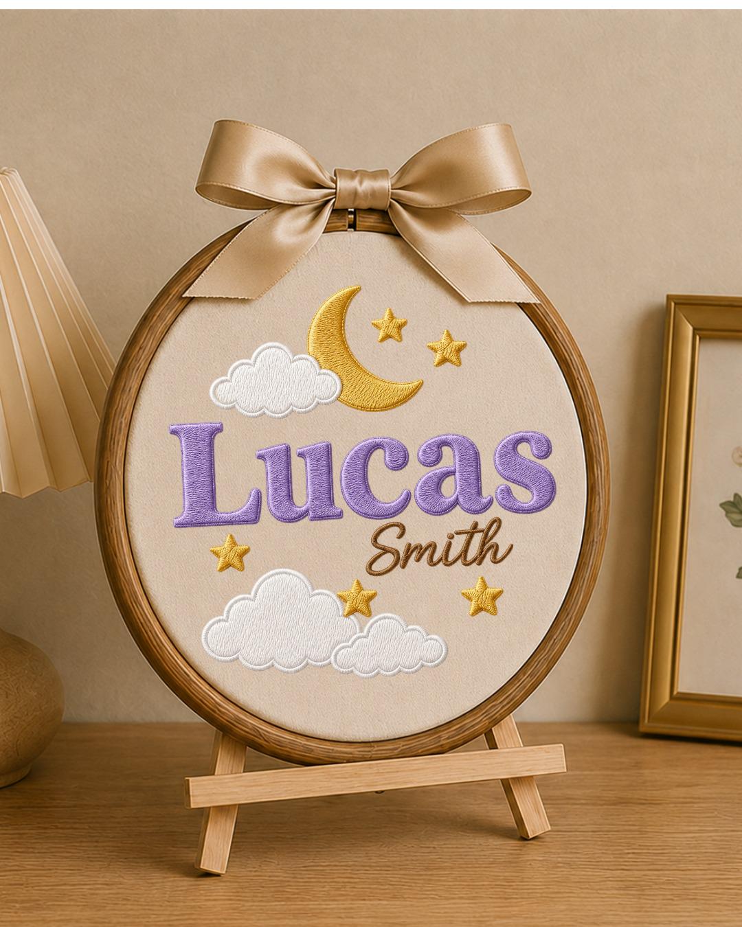 Personalized Embroidered Name Ornament, Custom Baby Name Hoop, Moon and Stars Nursery Decor, Celestial Baby Gift, Newborn Keepsake