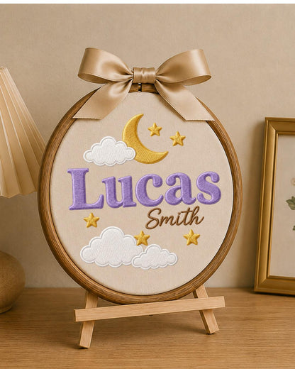 Personalized Embroidered Name Ornament, Custom Baby Name Hoop, Moon and Stars Nursery Decor, Celestial Baby Gift, Newborn Keepsake