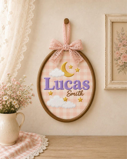 Personalized Embroidered Name Ornament, Custom Baby Name Hoop, Moon and Stars Nursery Decor, Celestial Baby Gift, Newborn Keepsake