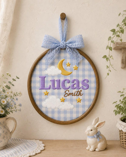 Personalized Embroidered Name Ornament, Custom Baby Name Hoop, Moon and Stars Nursery Decor, Celestial Baby Gift, Newborn Keepsake