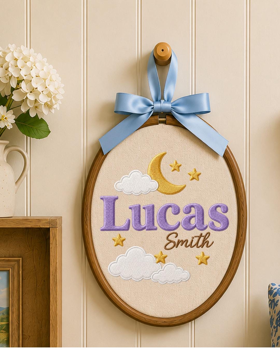 Personalized Embroidered Name Ornament, Custom Baby Name Hoop, Moon and Stars Nursery Decor, Celestial Baby Gift, Newborn Keepsake