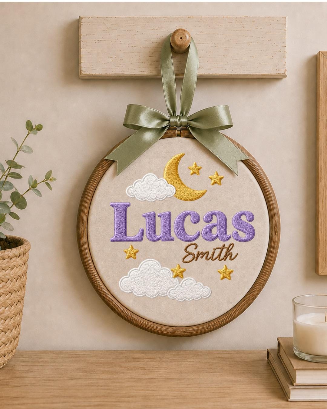 Personalized Embroidered Name Ornament, Custom Baby Name Hoop, Moon and Stars Nursery Decor, Celestial Baby Gift, Newborn Keepsake