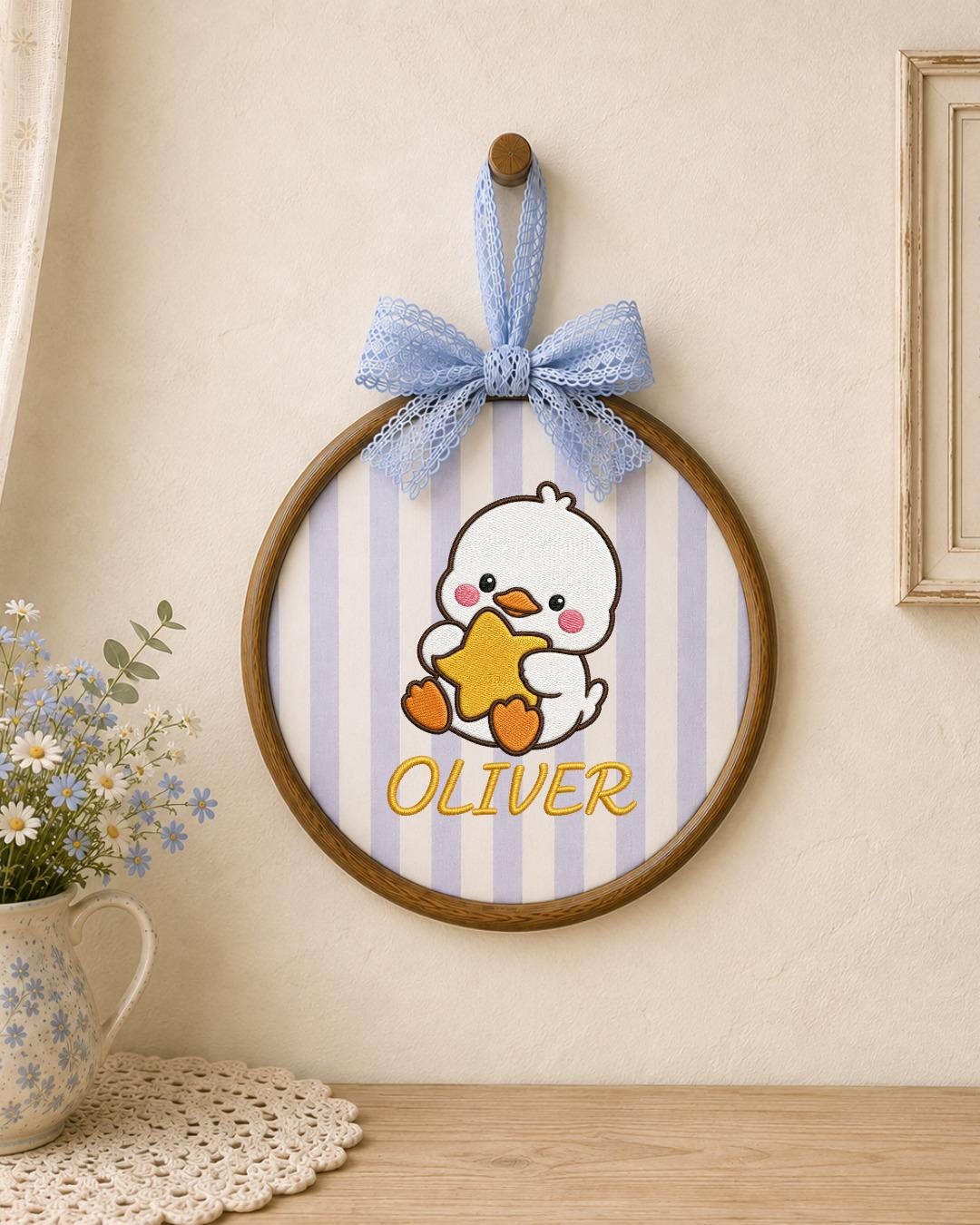 Personalized Embroidered Duckling Ornament, Custom Baby Name Hoop, Cute Duck Nursery Decor, Baby Boy Gift, Newborn Keepsake