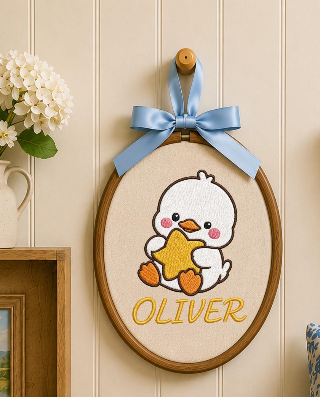 Personalized Embroidered Duckling Ornament, Custom Baby Name Hoop, Cute Duck Nursery Decor, Baby Boy Gift, Newborn Keepsake