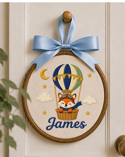 Personalized Embroidered Fox Hot Air Balloon Ornament, Custom Baby Name Hoop, Adventure Nursery Decor, Baby Boy Gift, Newborn Keepsake