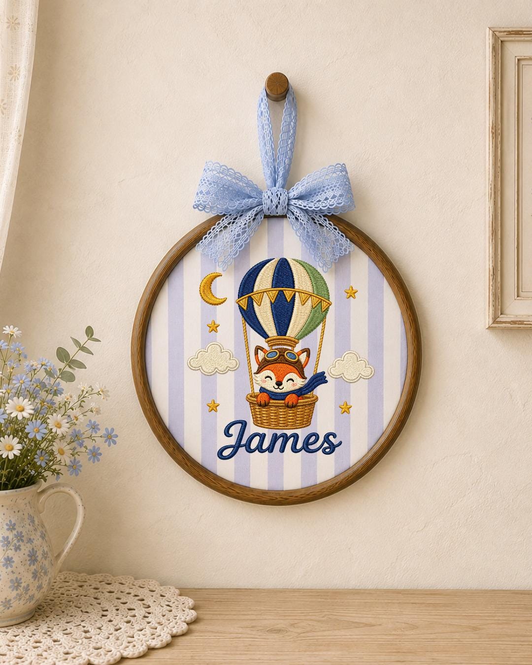 Personalized Embroidered Fox Hot Air Balloon Ornament, Custom Baby Name Hoop, Adventure Nursery Decor, Baby Boy Gift, Newborn Keepsake