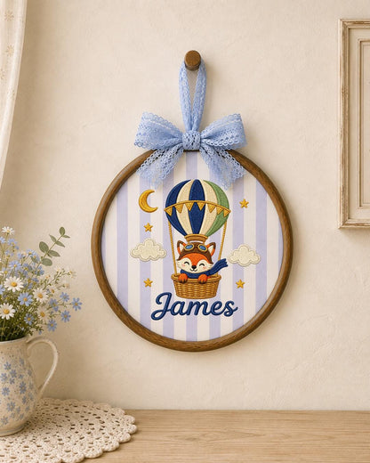 Personalized Embroidered Fox Hot Air Balloon Ornament, Custom Baby Name Hoop, Adventure Nursery Decor, Baby Boy Gift, Newborn Keepsake