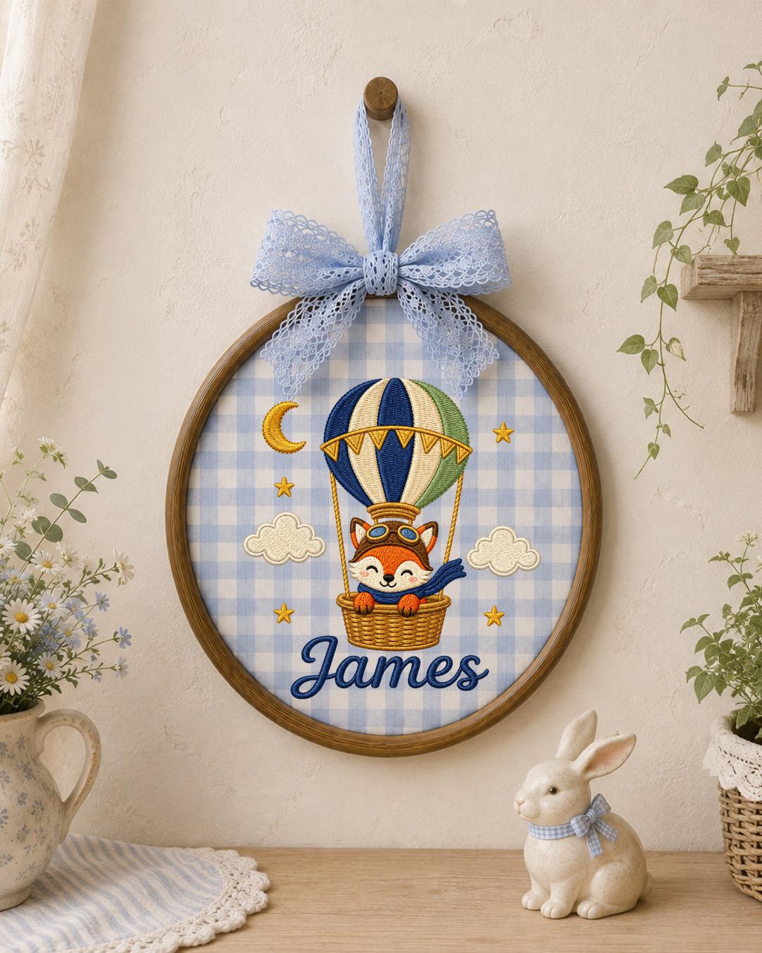 Personalized Embroidered Fox Hot Air Balloon Ornament, Custom Baby Name Hoop, Adventure Nursery Decor, Baby Boy Gift, Newborn Keepsake