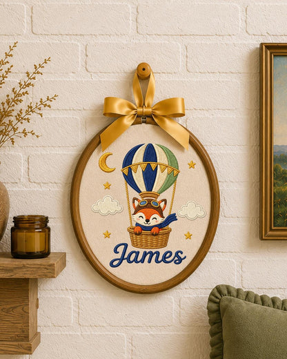 Personalized Embroidered Fox Hot Air Balloon Ornament, Custom Baby Name Hoop, Adventure Nursery Decor, Baby Boy Gift, Newborn Keepsake