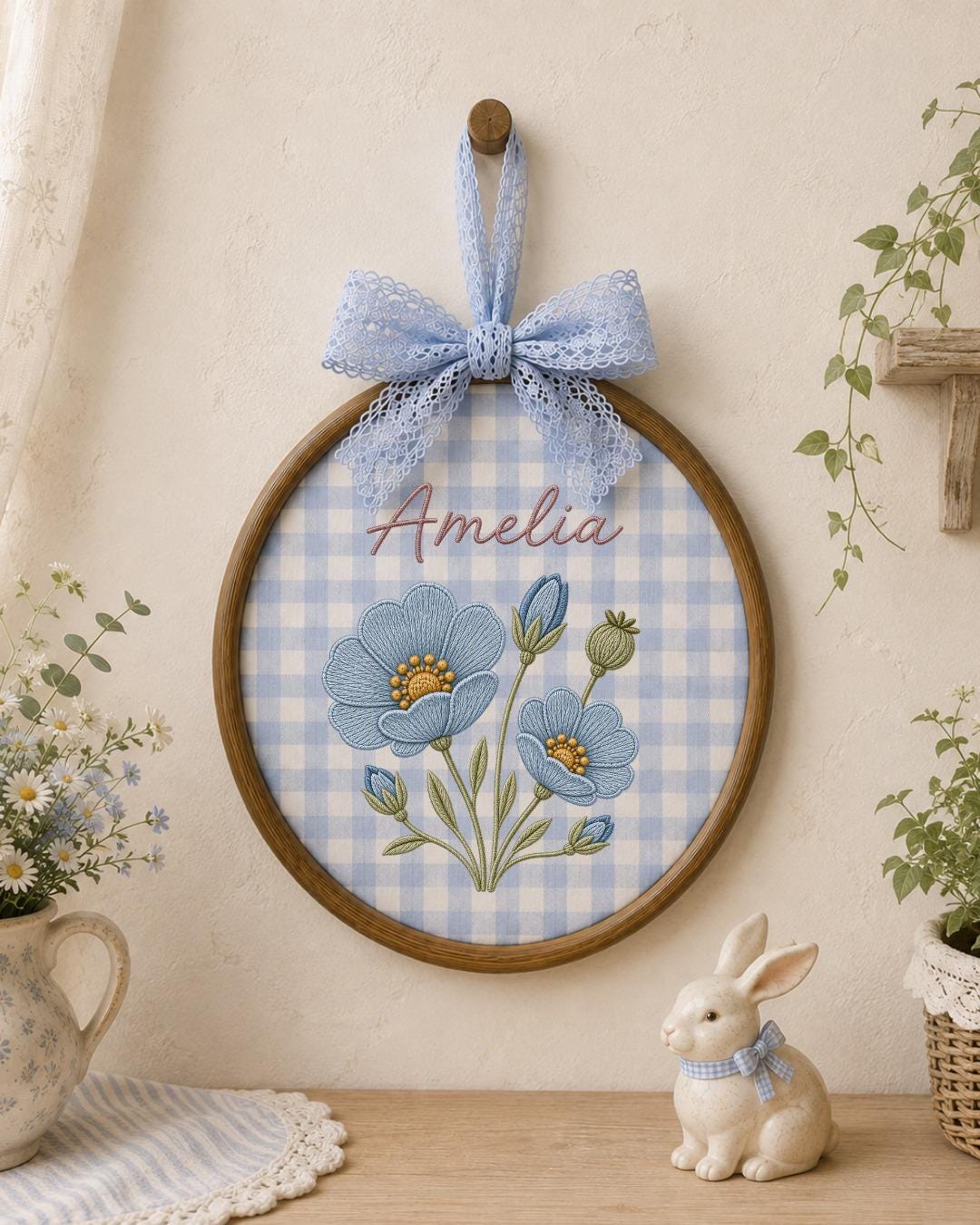 Personalized Embroidered Floral Name Ornament, Custom Baby Name Hoop, Blue Flower Nursery Wall Decor, Baby Girl Keepsake Gift