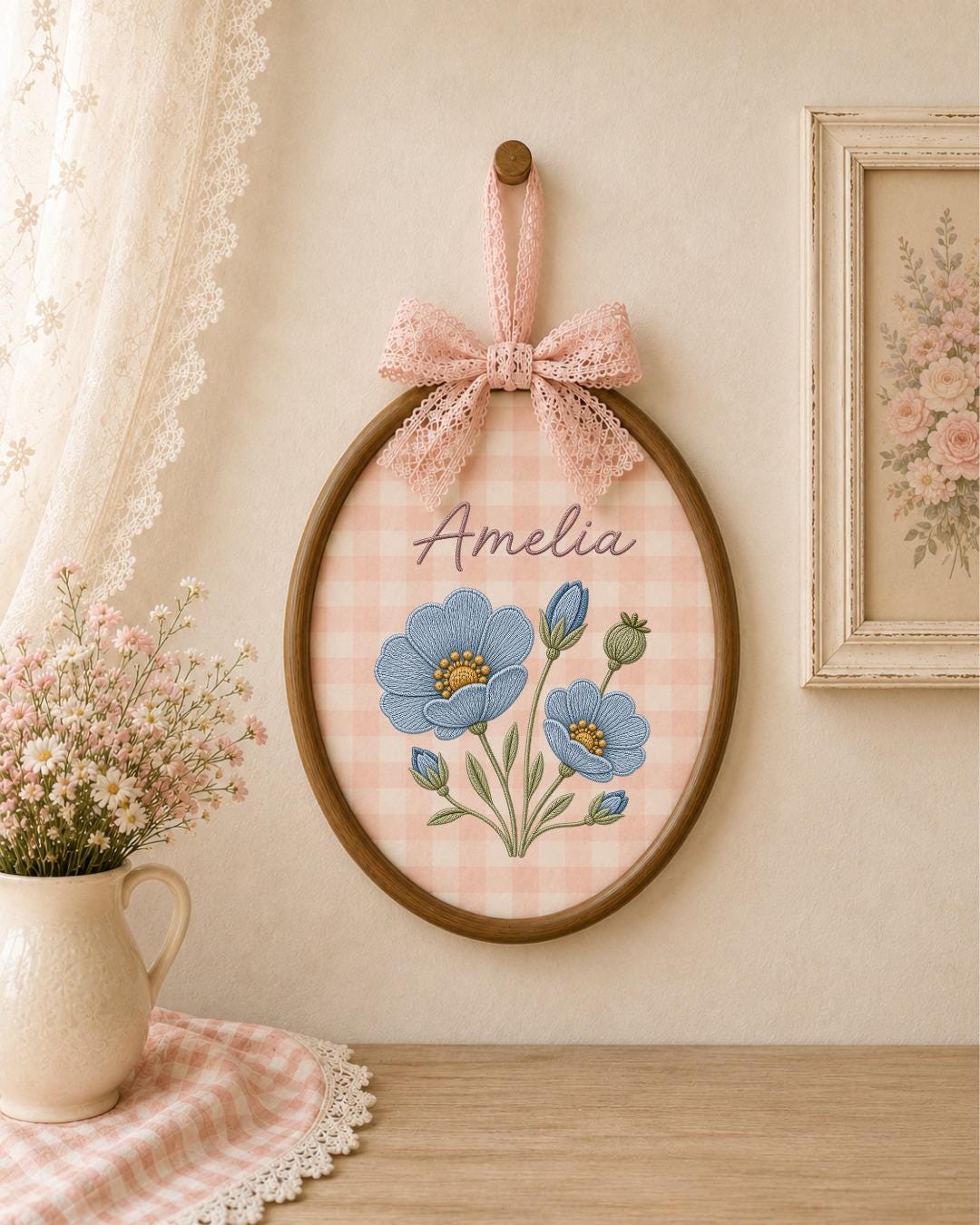 Personalized Embroidered Floral Name Ornament, Custom Baby Name Hoop, Blue Flower Nursery Wall Decor, Baby Girl Keepsake Gift