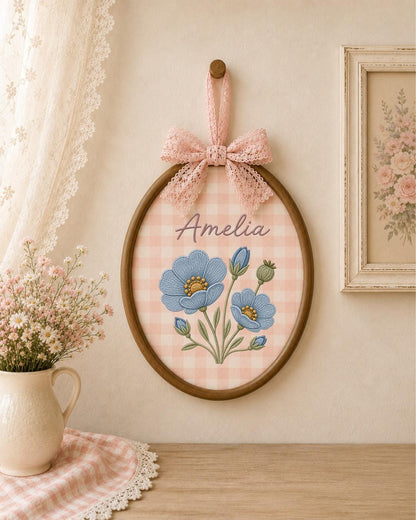 Personalized Embroidered Floral Name Ornament, Custom Baby Name Hoop, Blue Flower Nursery Wall Decor, Baby Girl Keepsake Gift