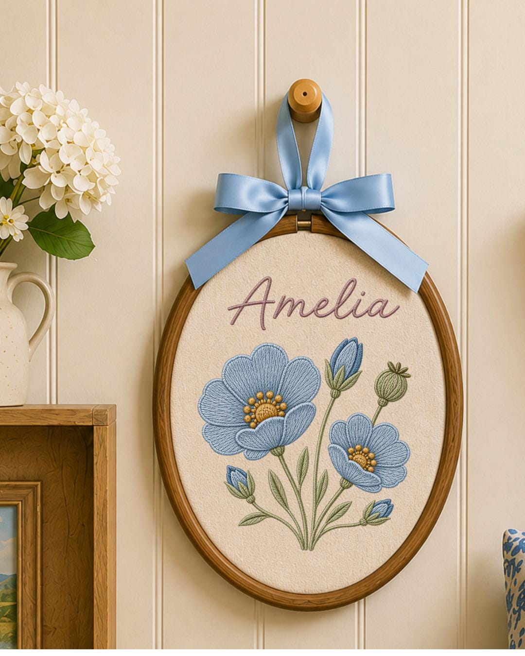 Personalized Embroidered Floral Name Ornament, Custom Baby Name Hoop, Blue Flower Nursery Wall Decor, Baby Girl Keepsake Gift