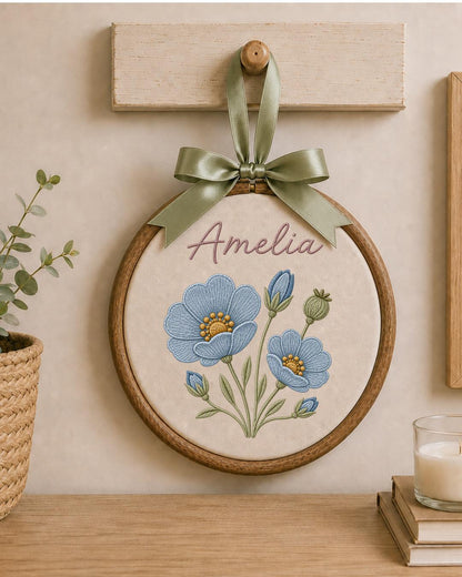 Personalized Embroidered Floral Name Ornament, Custom Baby Name Hoop, Blue Flower Nursery Wall Decor, Baby Girl Keepsake Gift