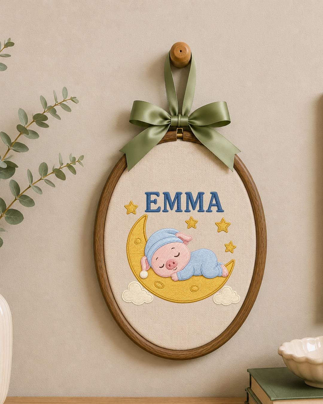 Personalized Embroidered Pig Ornament, Custom Baby Name Hoop, Sleeping Pig Moon Nursery Decor, Baby Girl Gift, Newborn Keepsake